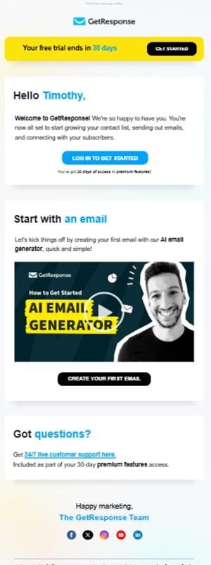 Free trial email from GetResponse